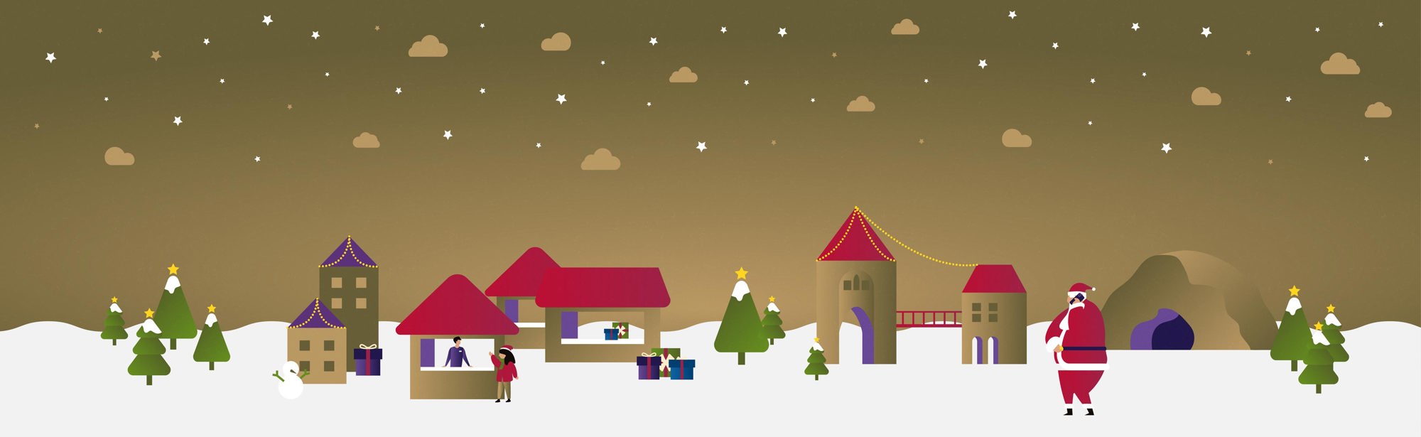 Digitale tekening van winters tafereel, huisstijl Kerststad Valkenburg
