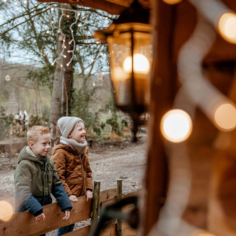 Jongens kijken naar kerststal tijdens de kribkeswandeling Schin op Geul